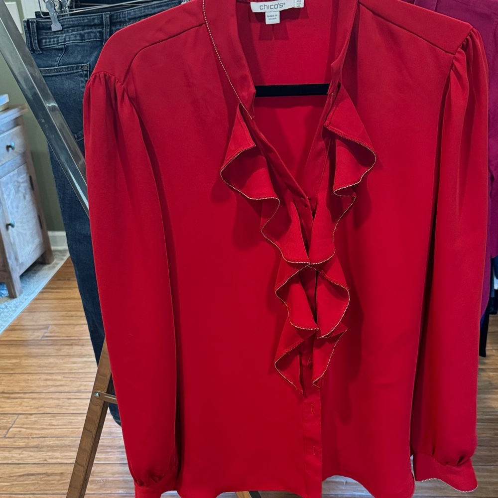 Chico's Vibrant Red Ruffle Front Blouse